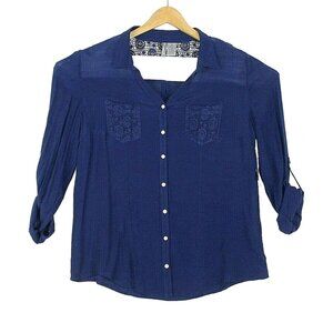 NWT New Directions Womens L Blue Button Up Blouse Lace Back Boho Coastal